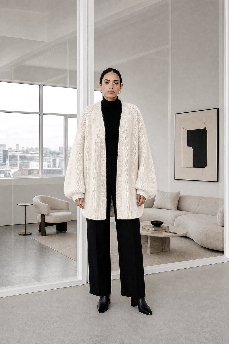 Alexis | Oversized Knit Cardigan in Off White, studio front view