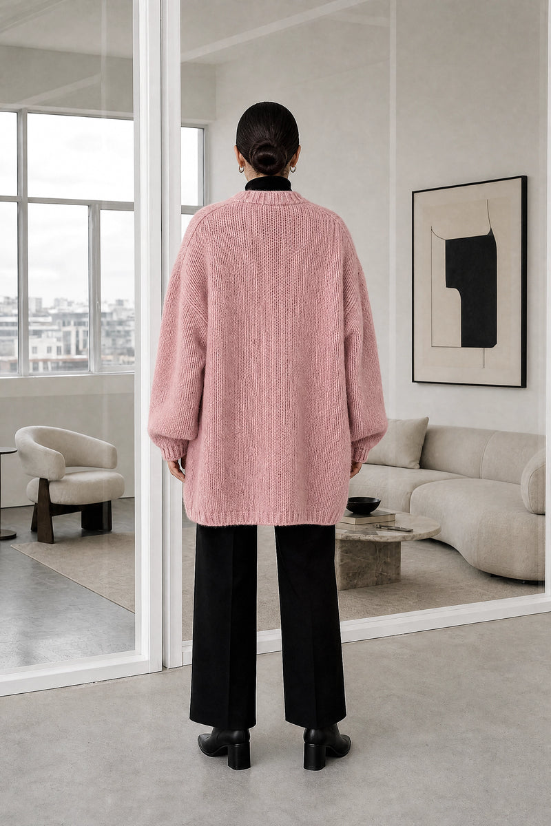 Alexis | Oversized Knit Cardigan in Pink, studio back view