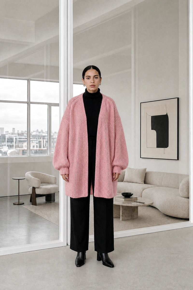 Alexis | Oversized Knit Cardigan in Pink, studio front view