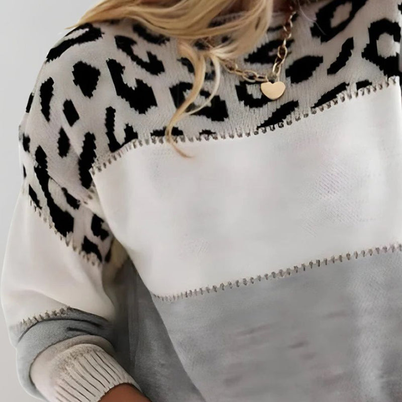 Leopard Print Color Block Sweater for Women with Crew Neck in Gray, close-up