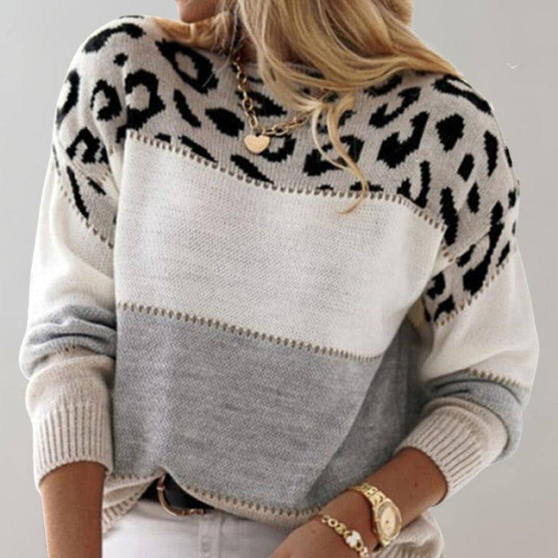 Leopard Print Color Block Sweater for Women with Crew Neck in Gray, front view 2