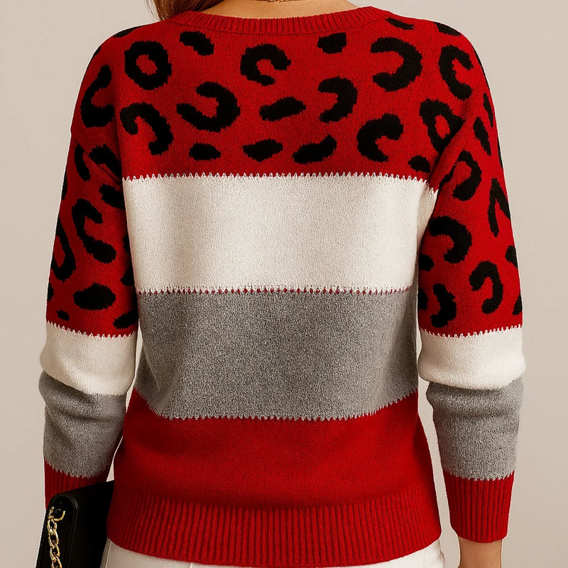 Leopard Print Color Block Sweater for Women with Crew Neck in Red, back view