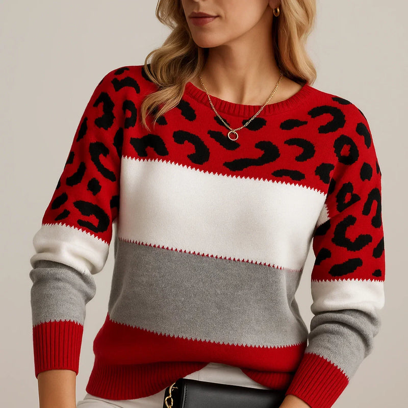 Leopard Print Color Block Sweater for Women with Crew Neck in Red, front view