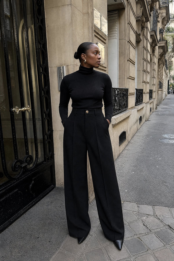 SOFAINE-V7-LIFE-Alina | Wide Leg Trousers in Black, street-style view