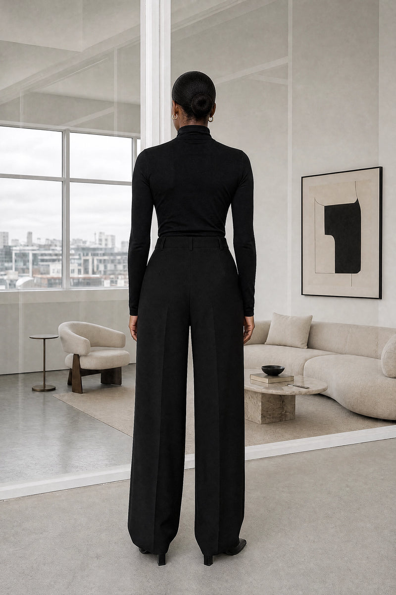 Alina | Wide Leg Trousers in Black, studio back view