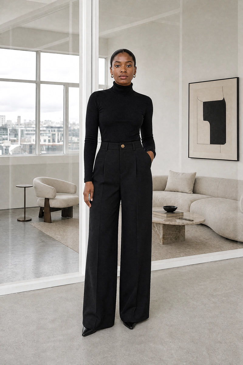 Alina | Wide Leg Trousers in Black, studio front view