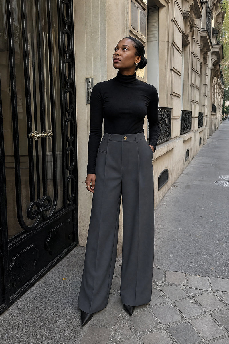 SOFAINE-V7-LIFE-Alina | Wide Leg Trousers in Dark Gray, street-style view