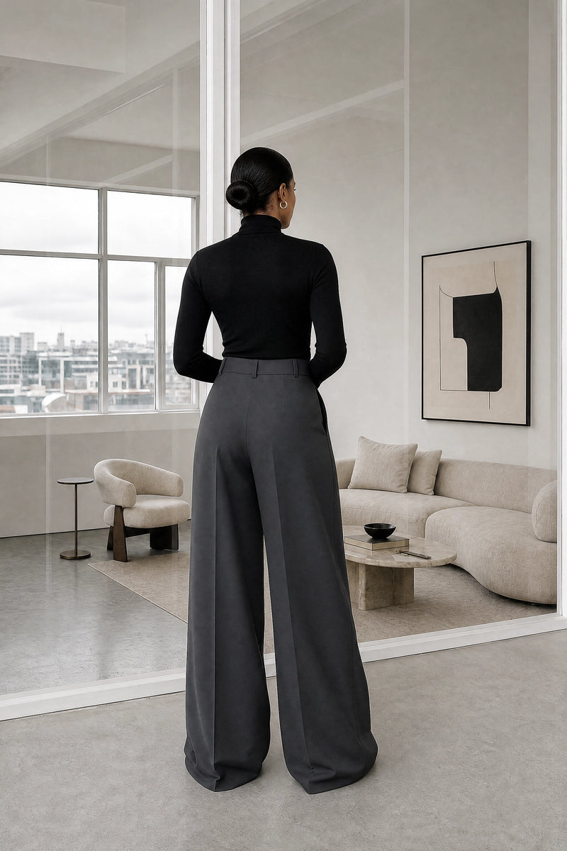 Alina | Wide Leg Trousers in Dark Gray, studio back view