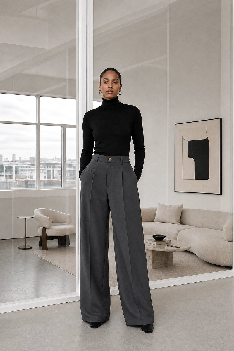 Alina | Wide Leg Trousers in Dark Gray, studio front view