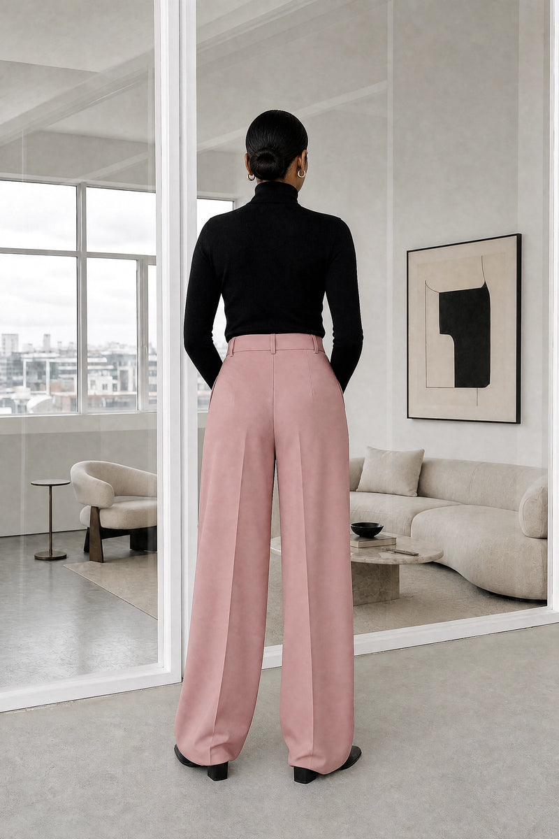 Alina | Wide Leg Trousers in Pink, studio back view
