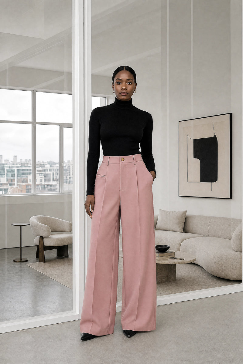Alina | Wide Leg Trousers in Pink, studio front view