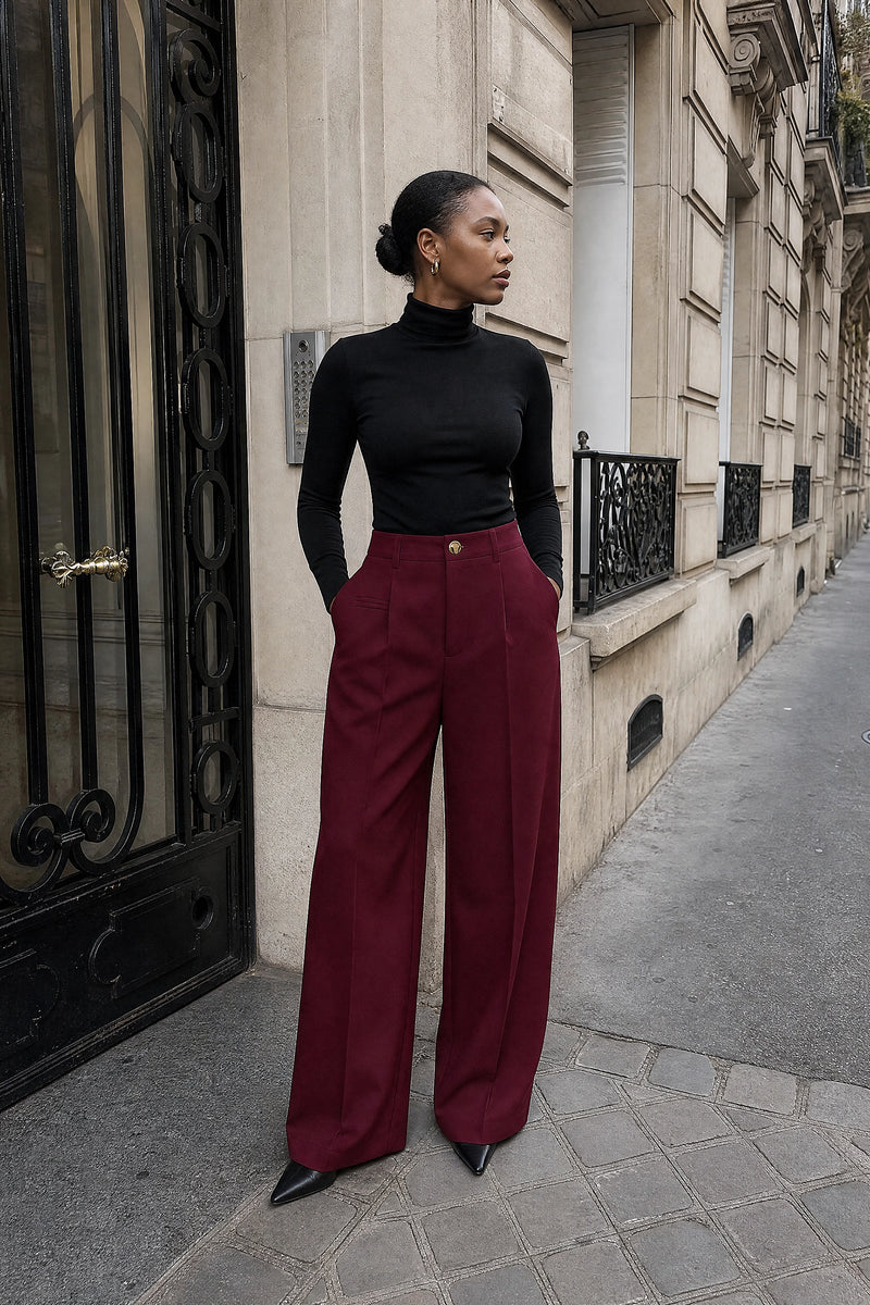 SOFAINE-V7-LIFE-Alina | Wide Leg Trousers in Wine Red, street-style view