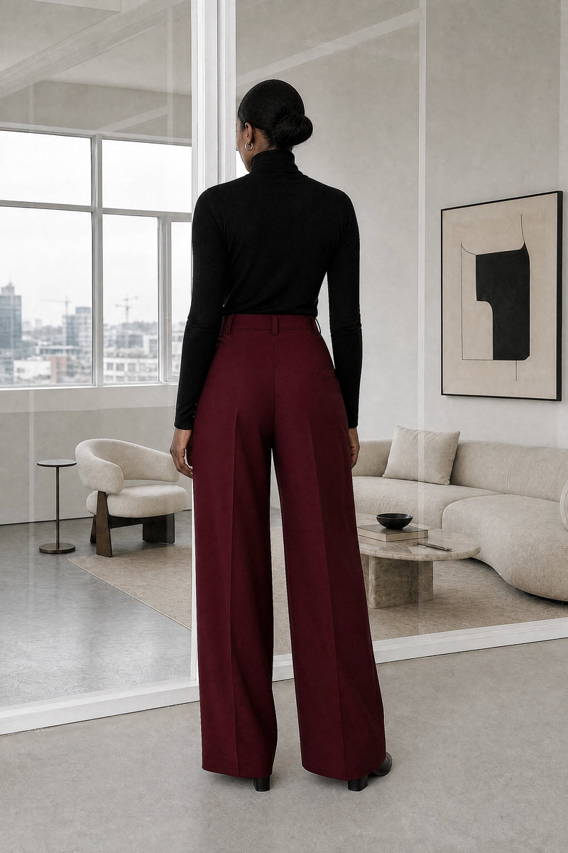 Alina | Wide Leg Trousers in Wine Red, studio back view
