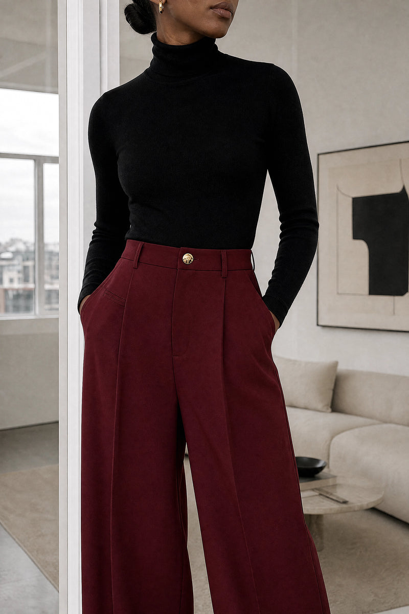 Alina | Wide Leg Trousers in Wine Red, fabric close-up
