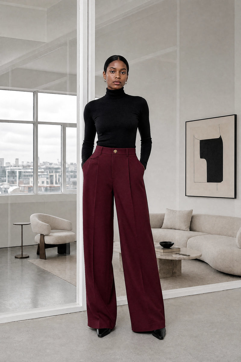 Alina | Wide Leg Trousers in Wine Red, studio front view