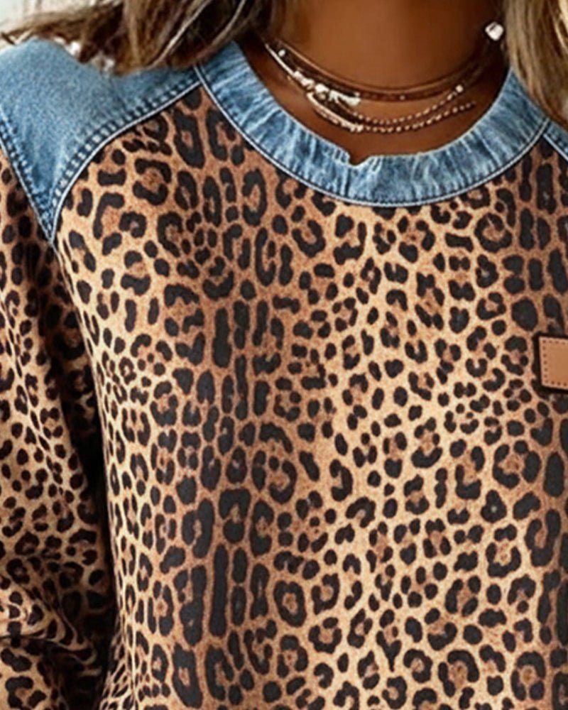 Leopard Print Raglan Sweater for Women with Denim-Look Trim and Curved Hem in Brown, close-up