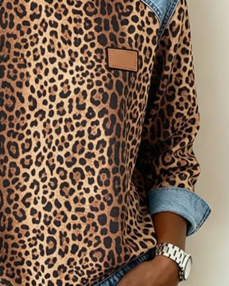 Leopard Print Raglan Sweater for Women with Denim-Look Trim and Curved Hem in Brown, detail