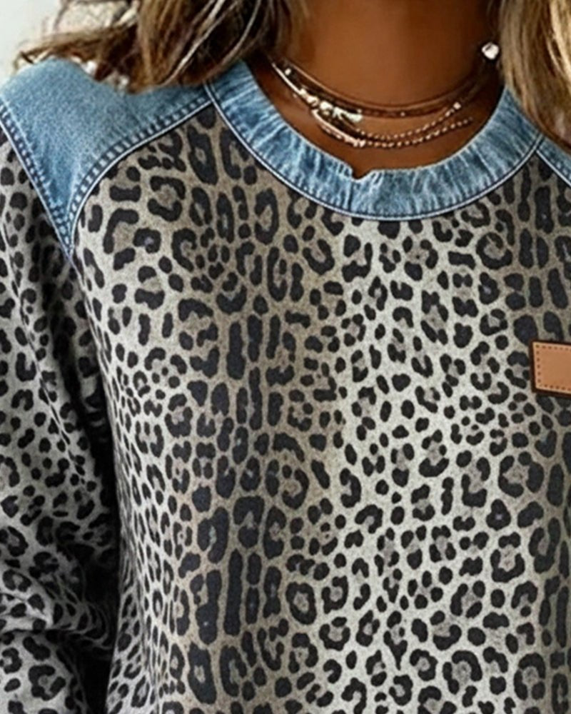 Leopard Print Raglan Sweater for Women with Denim-Look Trim and Curved Hem in Gray, close-up
