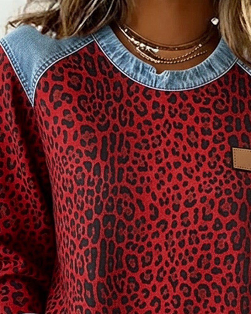 Leopard Print Raglan Sweater for Women with Denim-Look Trim and Curved Hem in Red, close-up