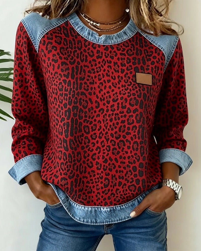 Leopard Print Raglan Sweater for Women with Denim-Look Trim and Curved Hem in Red, front view