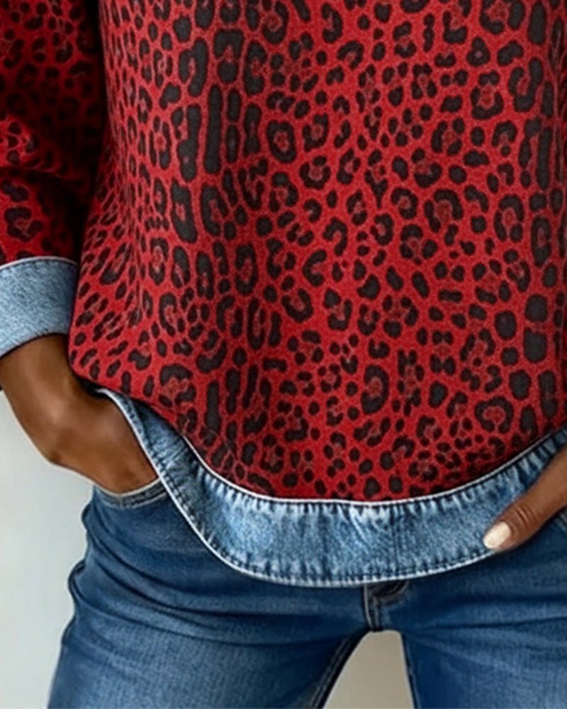 Leopard Print Raglan Sweater for Women with Denim-Look Trim and Curved Hem in Red, hem detail