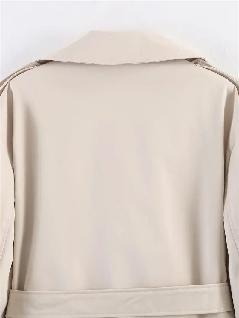 Oversized Short Trench Jacket for Women with Tie Belt and Wide Lapels in Beige, back close-up