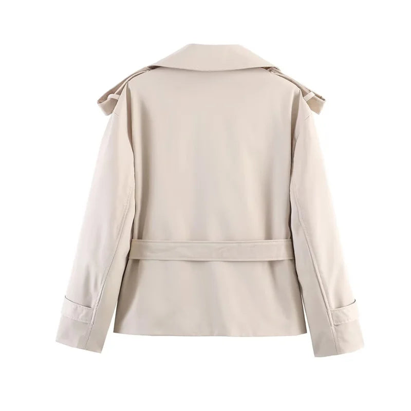 Oversized Short Trench Jacket for Women with Tie Belt and Wide Lapels in Beige, back view