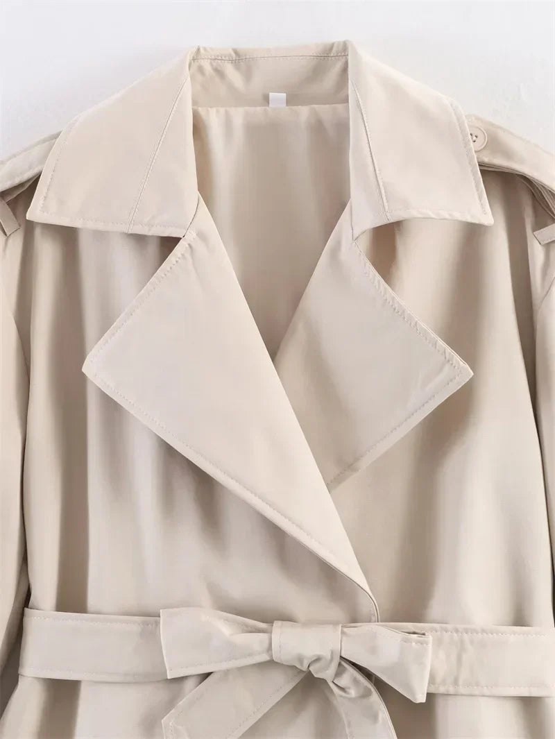 Oversized Short Trench Jacket for Women with Tie Belt and Wide Lapels in Beige, front close-up