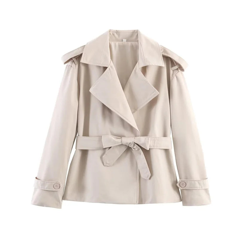 Oversized Short Trench Jacket for Women with Tie Belt and Wide Lapels in Beige, front view