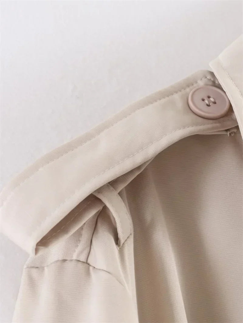 Oversized Short Trench Jacket for Women with Tie Belt and Wide Lapels in Beige, shoulder tab detail