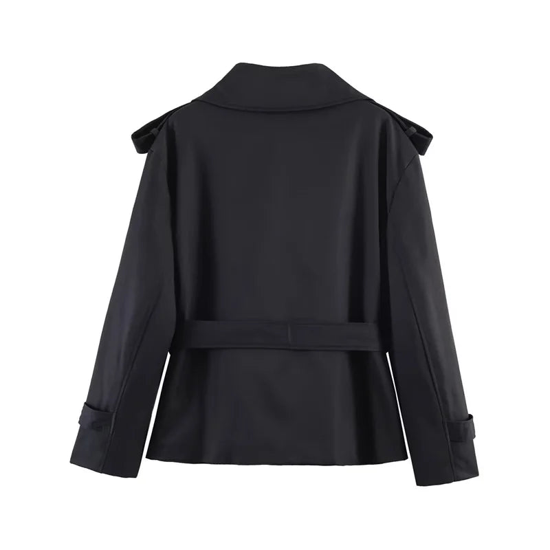 Oversized Short Trench Jacket for Women with Tie Belt and Wide Lapels in Black, back view
