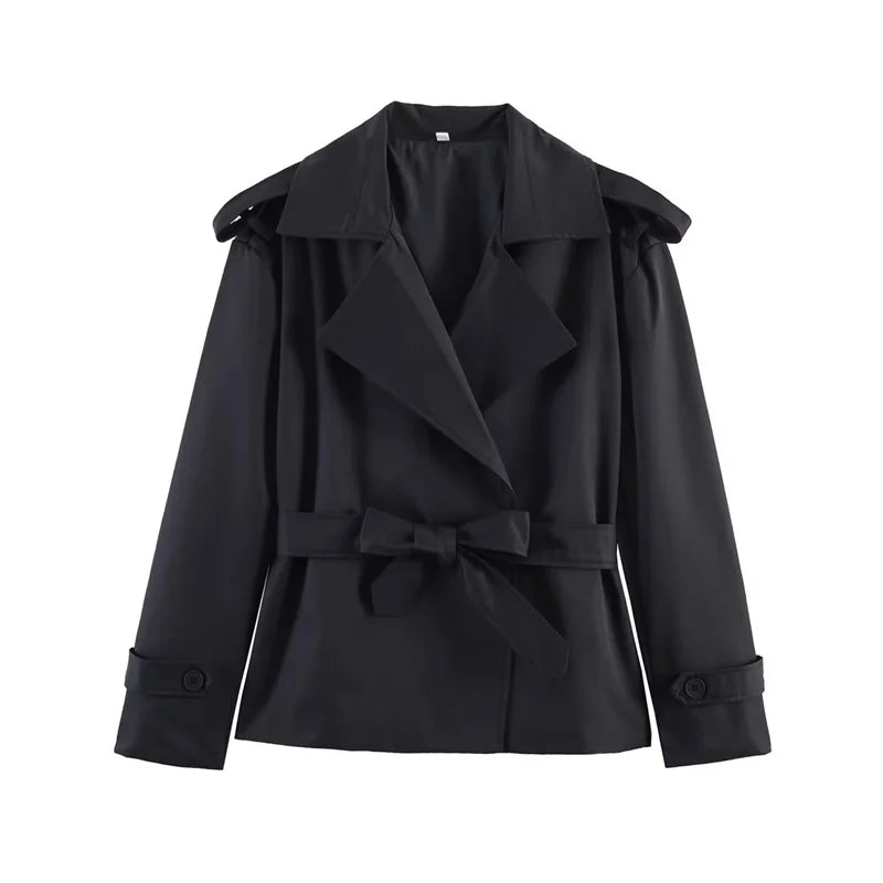 Oversized Short Trench Jacket for Women with Tie Belt and Wide Lapels in Black, front view
