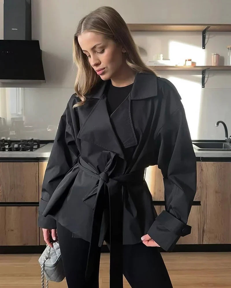 Oversized Short Trench Jacket for Women with Tie Belt and Wide Lapels in Black, styled view