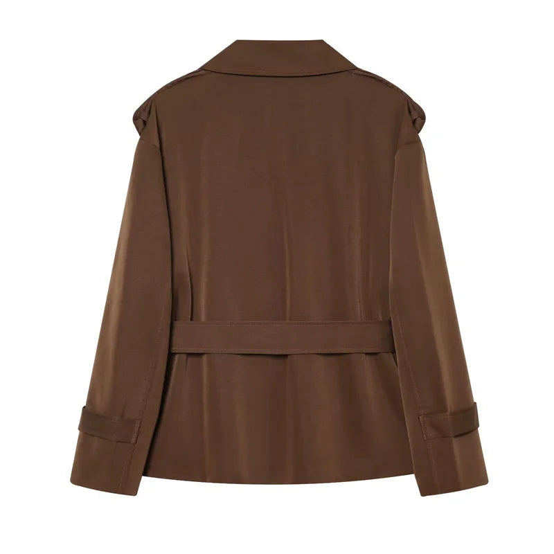 Oversized Short Trench Jacket for Women with Tie Belt and Wide Lapels in Brown, back view