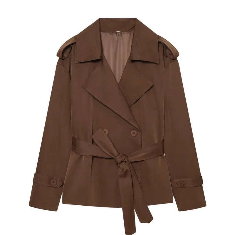 Oversized Short Trench Jacket for Women with Tie Belt and Wide Lapels in Brown, front view 2