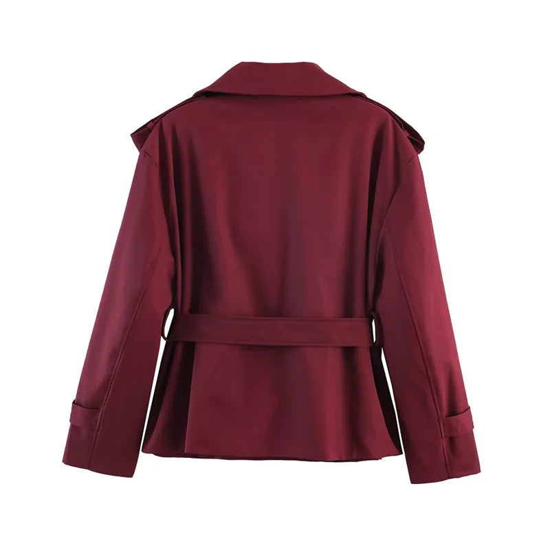 Oversized Short Trench Jacket for Women with Tie Belt and Wide Lapels in Burgundy, back view