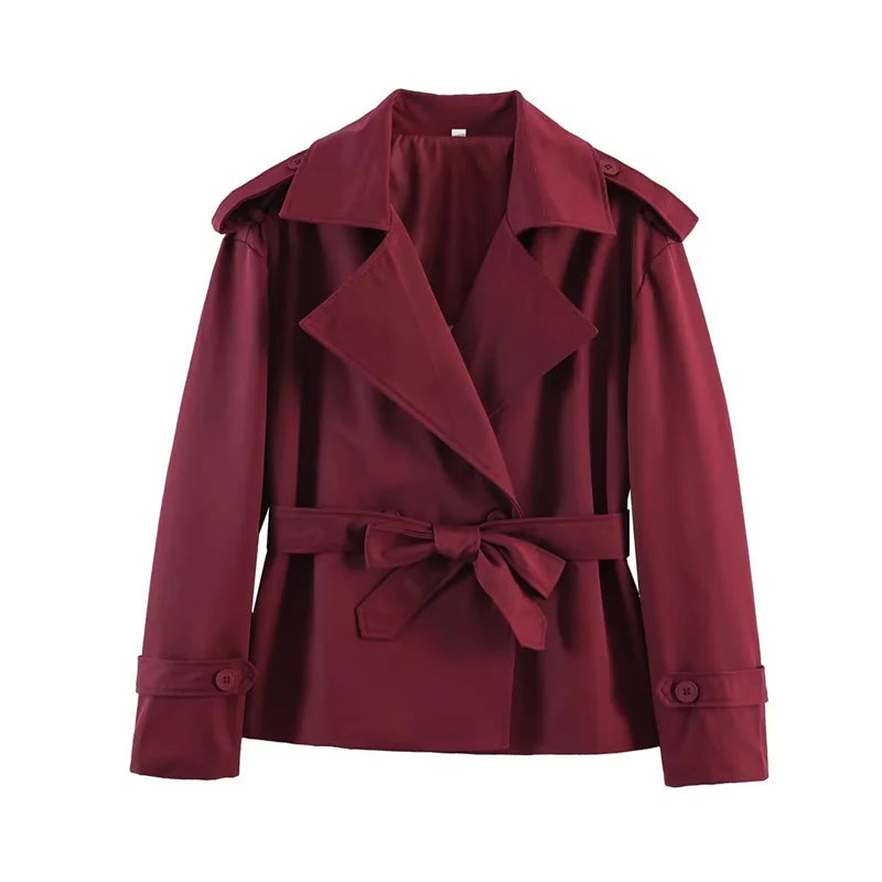 Oversized Short Trench Jacket for Women with Tie Belt and Wide Lapels in Burgundy, front view