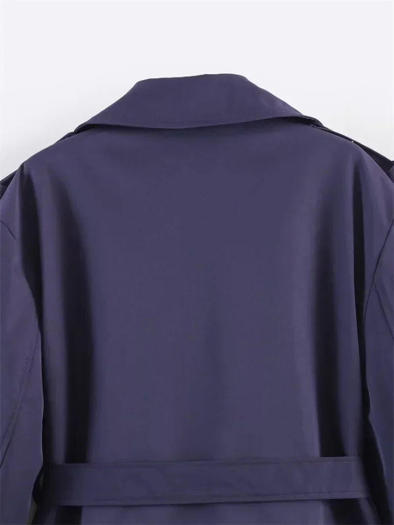 Oversized Short Trench Jacket for Women with Tie Belt and Wide Lapels in Dark Blue, back close-up
