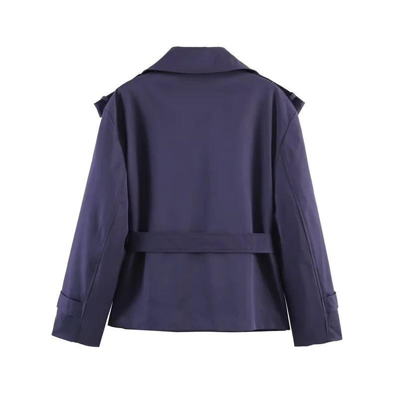 Oversized Short Trench Jacket for Women with Tie Belt and Wide Lapels in Dark Blue, back view