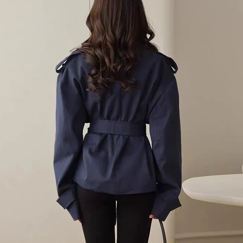 Oversized Short Trench Jacket for Women with Tie Belt and Wide Lapels in Dark Blue, back view on model