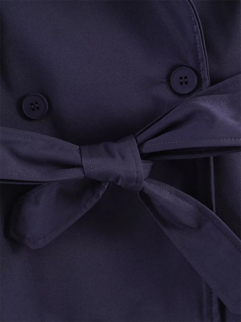 Oversized Short Trench Jacket for Women with Tie Belt and Wide Lapels in Dark Blue, belt detail