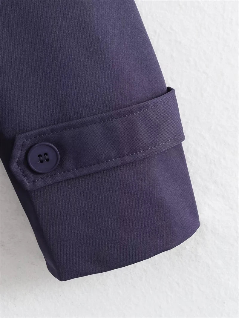 Oversized Short Trench Jacket for Women with Tie Belt and Wide Lapels in Dark Blue, cuff detail
