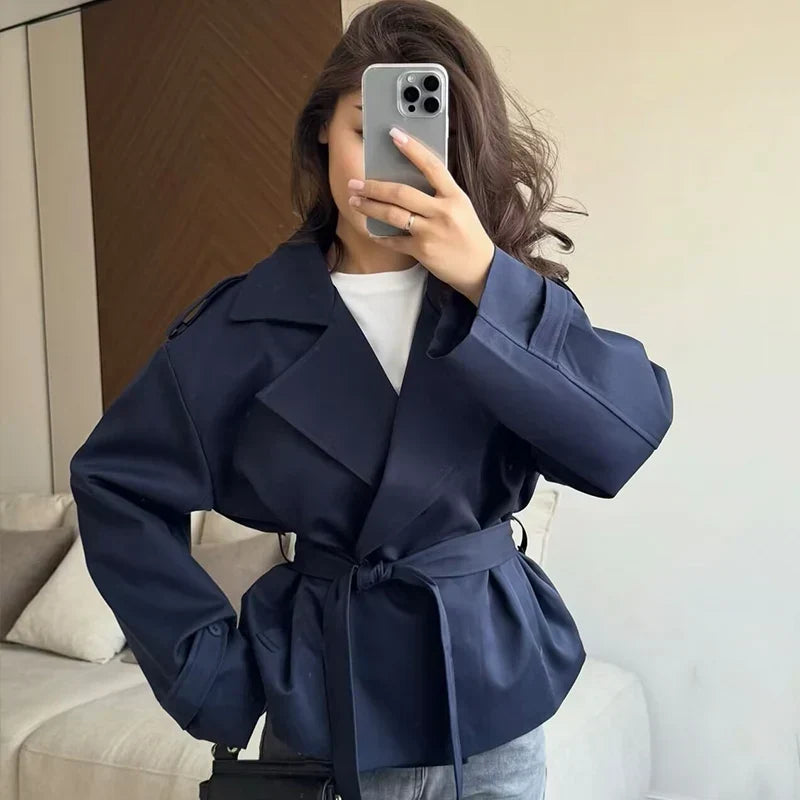 Oversized Short Trench Jacket for Women with Tie Belt and Wide Lapels in Dark Blue, styled mirror view