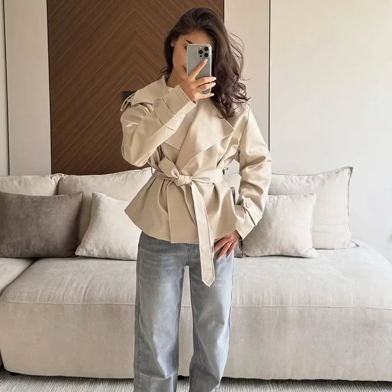 Oversized Short Trench Jacket for Women with Tie Belt and Wide Lapels, styled mirror view
