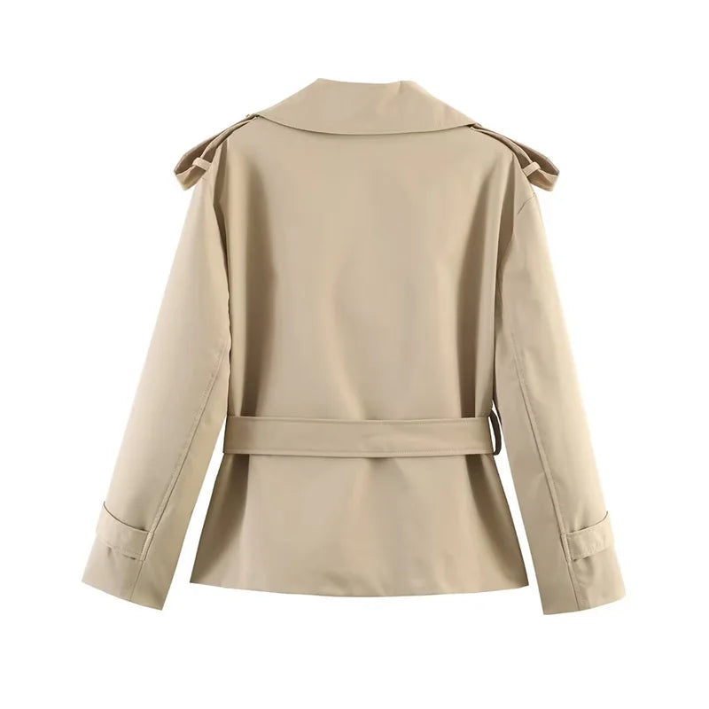 Oversized Short Trench Jacket for Women with Tie Belt and Wide Lapels in Khaki, back view