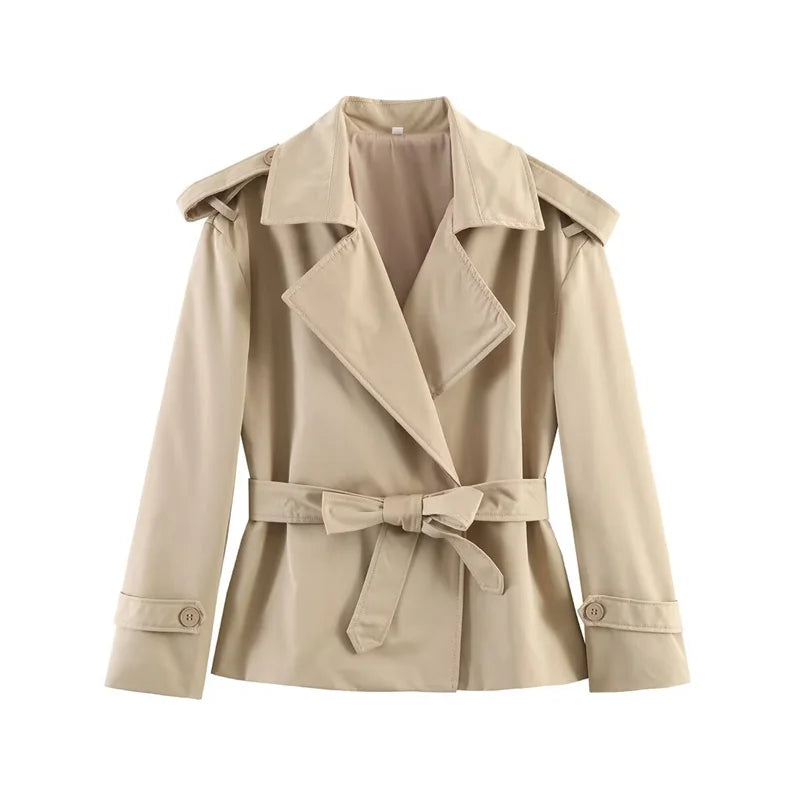 Oversized Short Trench Jacket for Women with Tie Belt and Wide Lapels in Khaki, front view