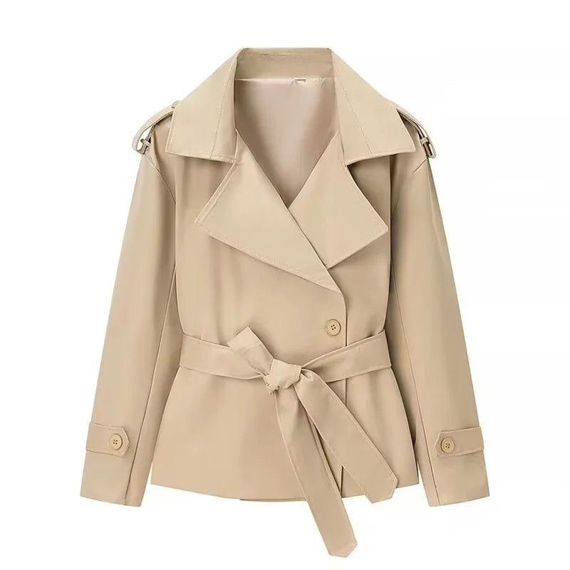 Oversized Short Trench Jacket for Women with Tie Belt and Wide Lapels in Khaki, front view 2