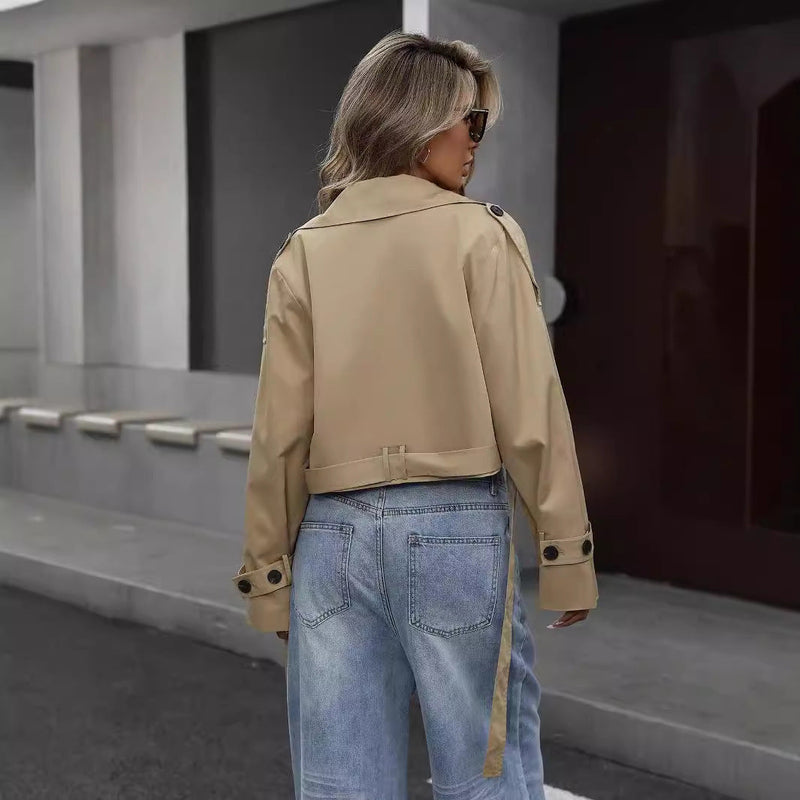 Cropped Double Breasted Trench Coat for Women with Notched Lapels in Khaki, back view