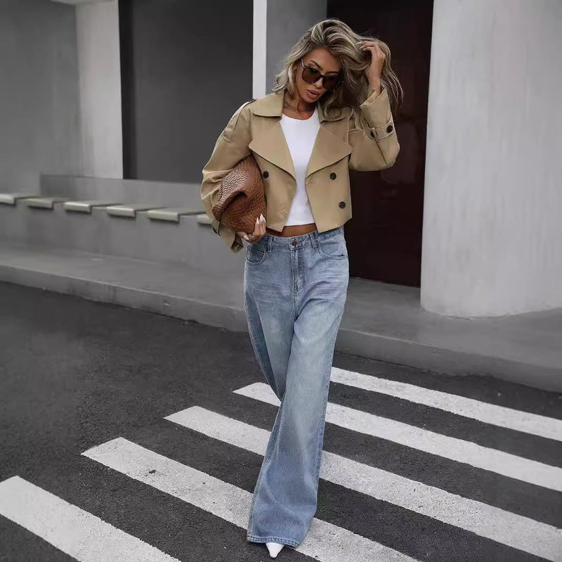 Cropped Double Breasted Trench Coat for Women with Notched Lapels in Khaki, street view