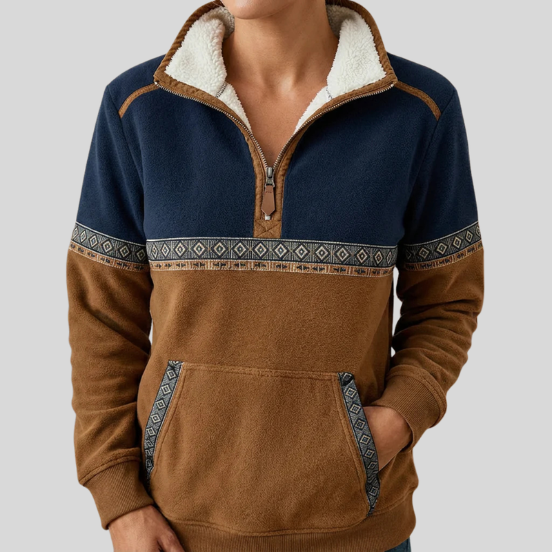 Half Zip Fleece Pullover for Women with Sherpa Collar and Aztec Trim, front view 2